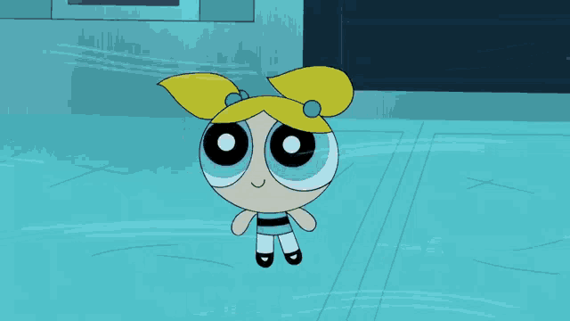 bubbles from the powerpuff girls says el viento esta muy fuerte on a blue background