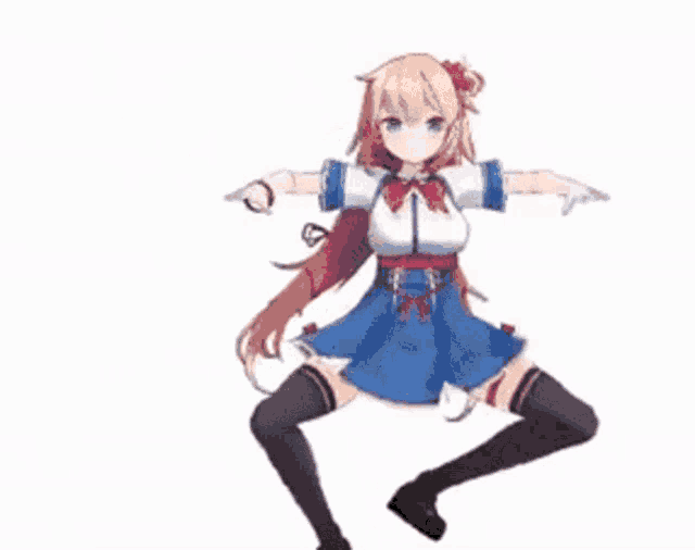 a girl in a blue dress is dancing with her arms outstretched on a white background .