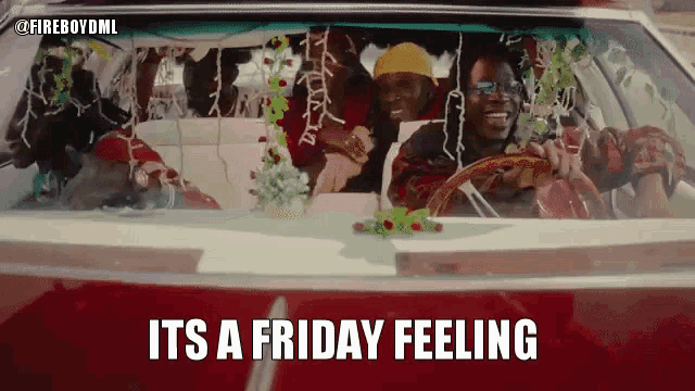 a group of people are sitting in a car with the words it 's a friday feeling on the bottom