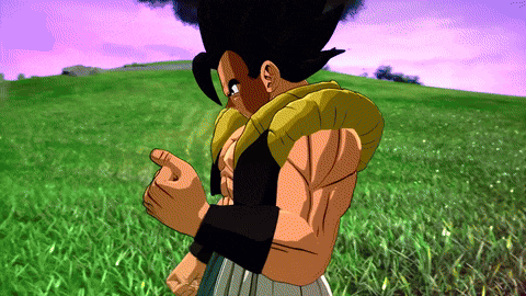 a cartoon character standing in a grassy field