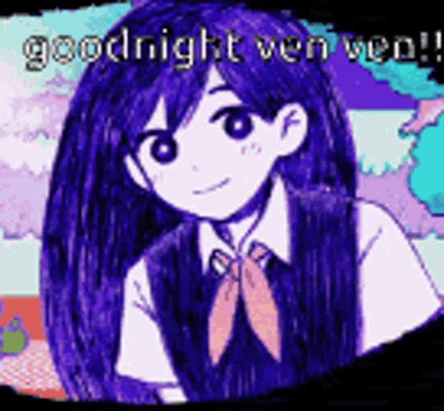a drawing of a girl with purple hair and the words `` goodnight ven ven '' written on it .