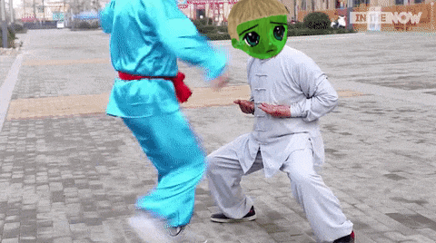 a man wearing a green mask is kicking another man wearing blue pants .