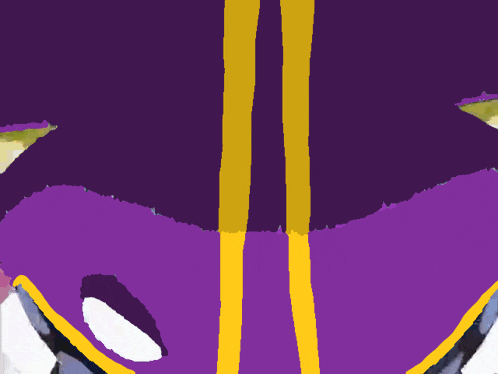 a close up of a cartoon character 's face with purple and yellow stripes