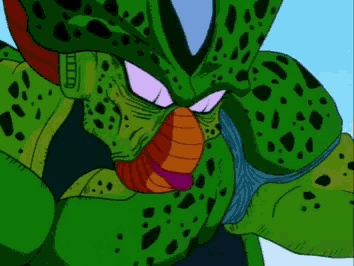 a close up of a cartoon character 's face with a blue sky in the background
