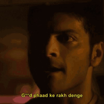 a close up of a man 's face with a caption that says g * d phaad ke rakh denge
