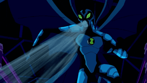 a cartoon character with an x on his chest is standing in the dark