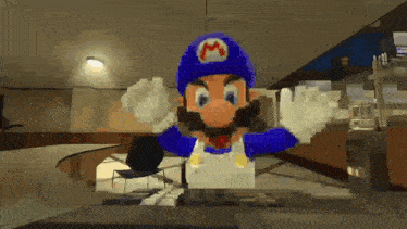 a cartoon character wearing a blue hat with a red m on it