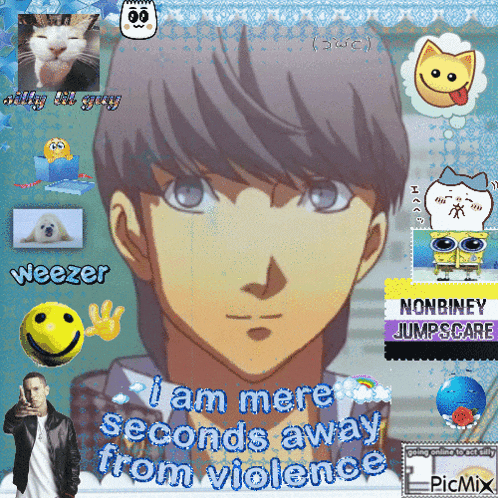 a picture of a man with the words " i am mere seconds away from violence "