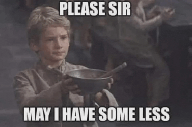 a young boy is holding a bowl of soup with the caption please sir may i have some less .