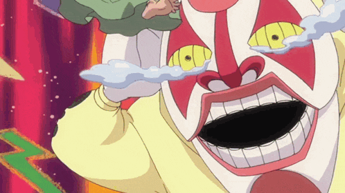a cartoon character with a red and white face and yellow eyes