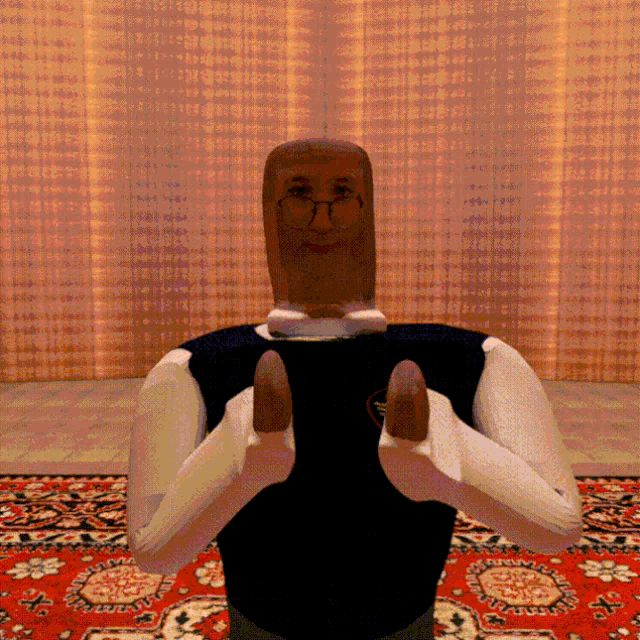 a computer generated image of a man with glasses and a big head