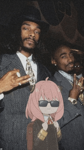 snoop dogg and tupac shaking hands with a cartoon girl wearing sunglasses