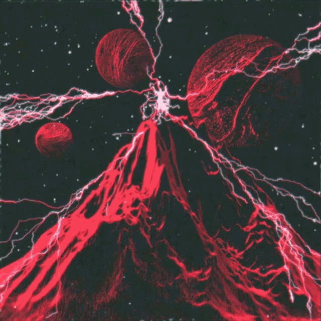 a drawing of a volcano with red lightning coming from it