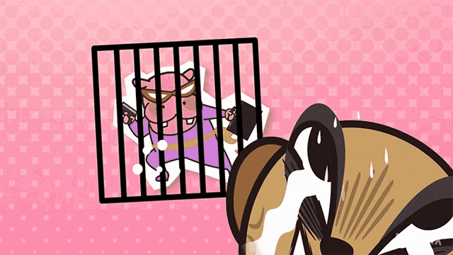 a cartoon pig is behind bars with a gun
