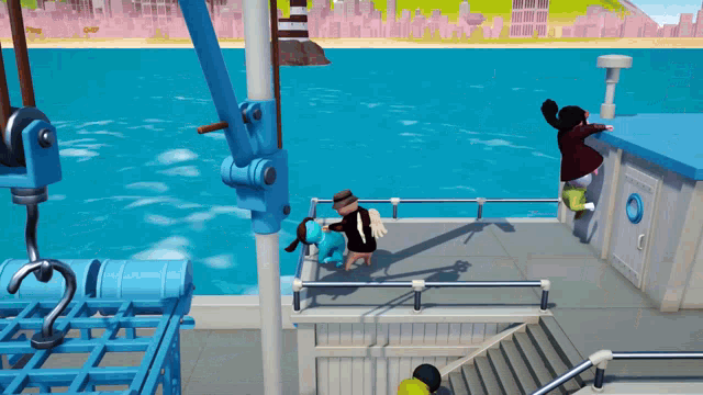 a video game shows a man standing on a boat looking out over the water