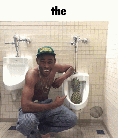 a man squatting next to a urinal with a pineapple urinating out of it