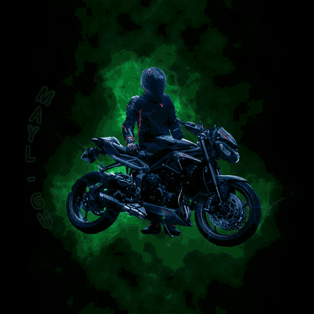 a motorcycle rider is surrounded by green lightning bolts