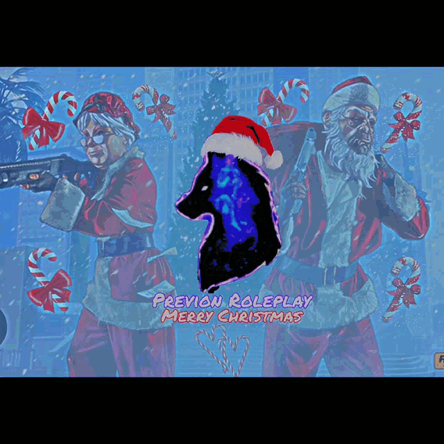 a merry christmas greeting card with a wolf and two santas