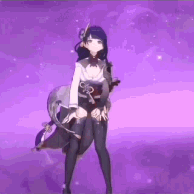 a girl in a kimono is standing on a purple background with a sword .