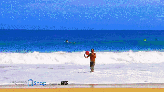 a man playing with a ball on a beach with the words shop powered by wes on the bottom