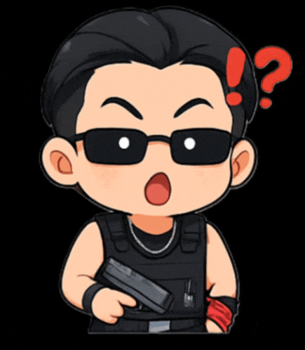 a cartoon of a man holding a gun with a question mark on his forehead