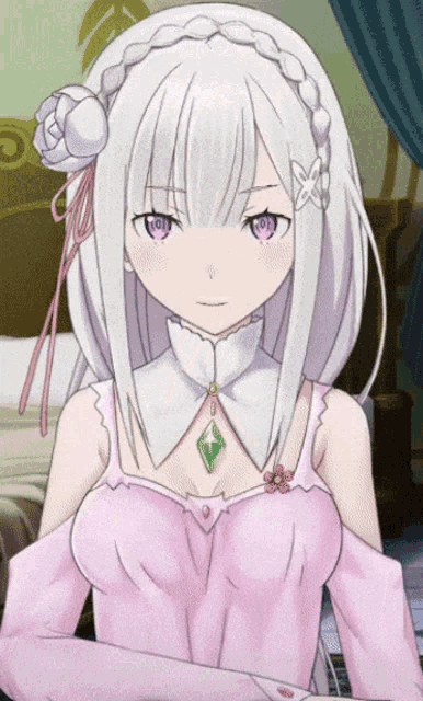 an anime girl with white hair and purple eyes