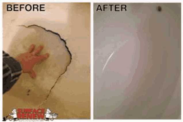 a before and after photo of a bathtub with a hole in it and a person 's hand on it .