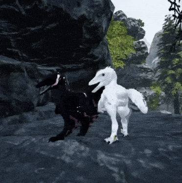 a black and white dinosaur standing next to each other in a video game