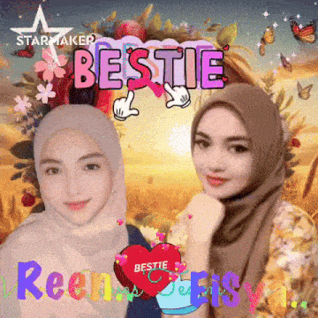 a picture of two women with the words bestie written on it