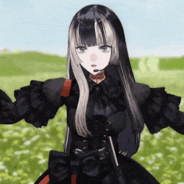 a girl in a black dress is holding a gun