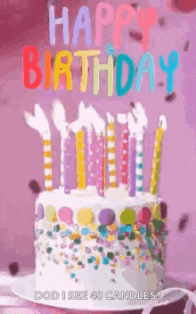 a birthday cake with candles on it and the words `` happy birthday '' written on it .
