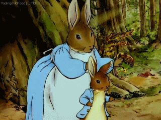 a cartoon of a mother rabbit holding a baby rabbit in her arms