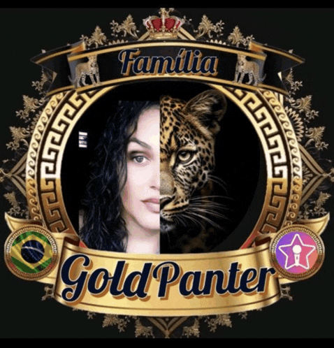 a gold panther logo with a woman and a leopard in the center