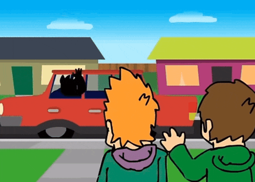 two cartoon characters are looking at a red car