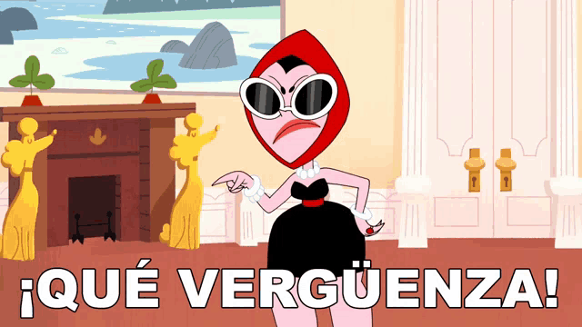 a cartoon character wearing sunglasses stands in front of a fireplace with the words " que verguenza " in white letters