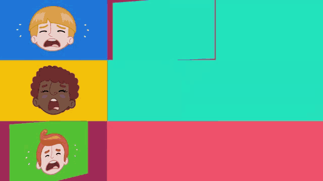 a cartoon drawing of a boy crying on a pink and blue background