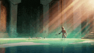 a man is standing in a pool of water with the sun shining through it