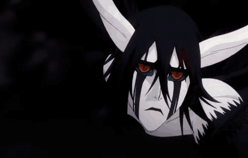 a close up of a bleach character wearing a white mask and holding a sword