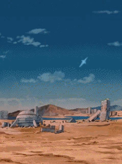 a computer generated image of a desert landscape with a large planet in the middle