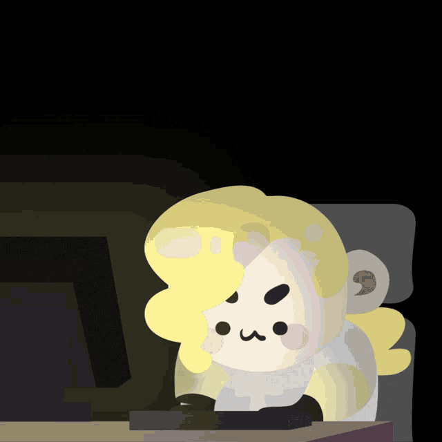 a cartoon character with yellow hair is sitting in front of a computer monitor
