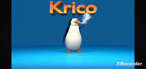 a cartoon penguin is smoking a cigarette with the name krico above him