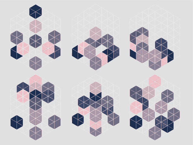 a set of six geometric shapes with triangles in different shades