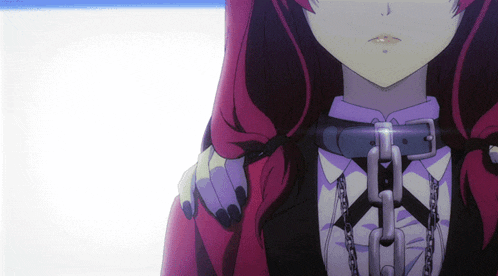 a girl with red hair is chained to a collar