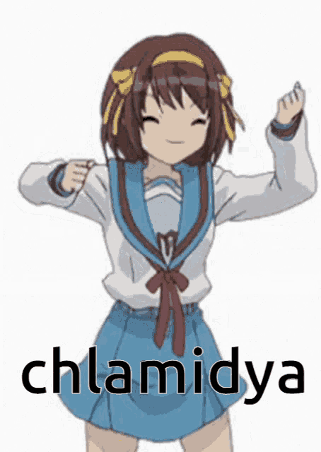 a girl in a school uniform is dancing with the word chlamidya in the background