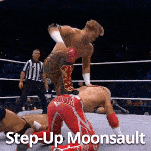 a wrestling match with the words step-up moonsault written on the bottom
