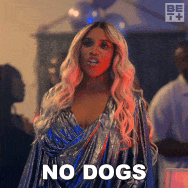 a woman says no dogs in a silver dress