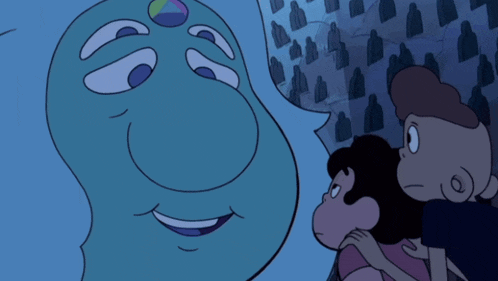 a couple of cartoon characters are looking at a blue face