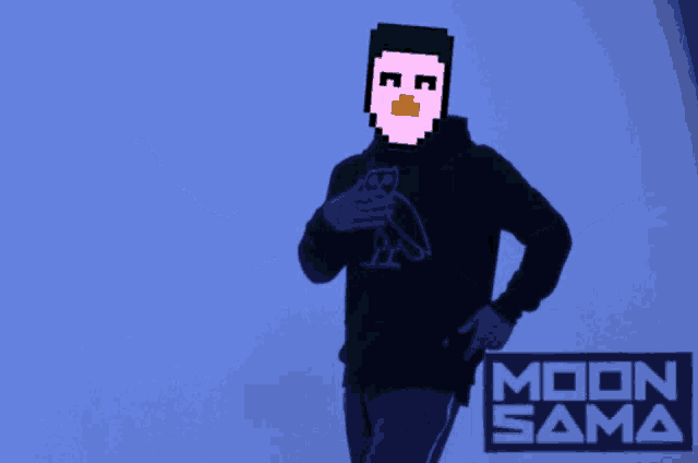 a man wearing a black hoodie with an owl on it is standing in front of a blue wall with moon sama written on it