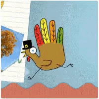 a cartoon turkey wearing a pilgrim hat is running