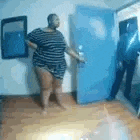 a woman in a striped dress is dancing in a room with a blue door .